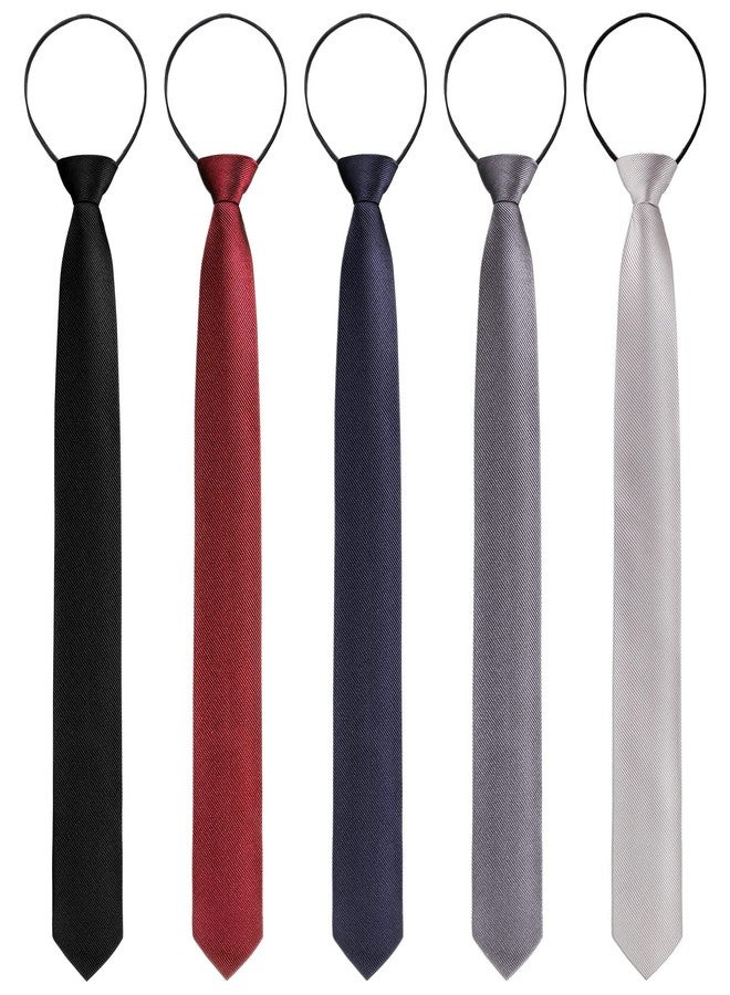 Xinnun 5 Pieces Mens Zipper Ties Pre Tied Adjustable Neckties Solid Color Skinny Necktie Thin Clip on Slim Tie for School Wedding Christmas Party Uniforms, Black, Navy, Gray, Silver Gray, Dark Red - Image 1